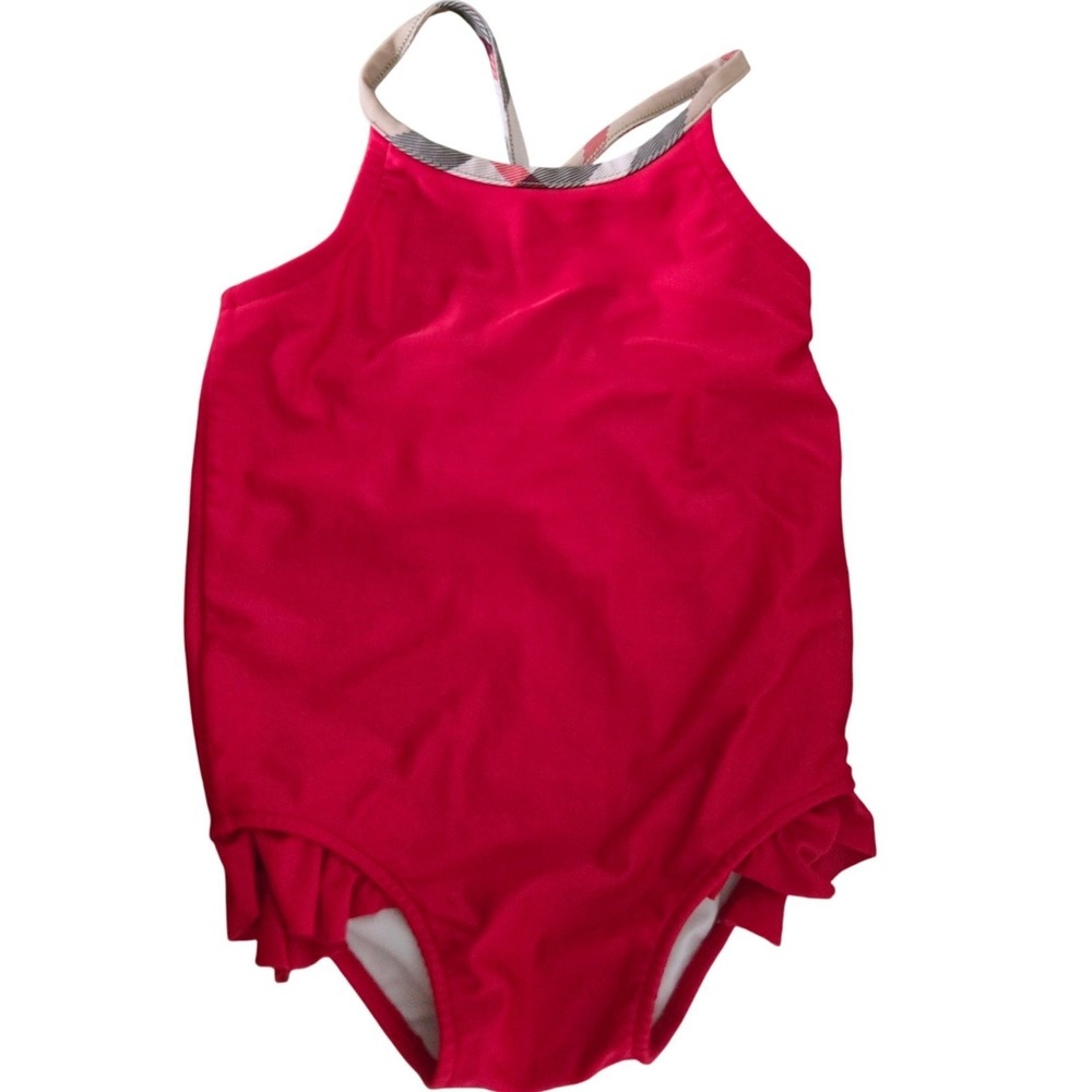 Burberry Red Swimsuit Girl's Toddler Size 2Y Ruffle Detail‎ Plaid Straps